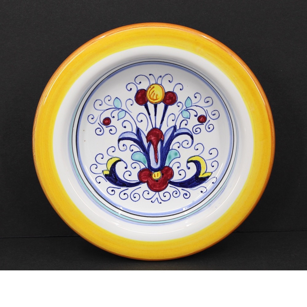Deruta Italy Hand Painted Majolica Pottery Shallow Bowl Floral Yellow 6.5 Inch
